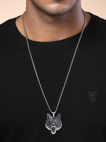 Bohey by KARATCART Silver Plated Wolf Metal Chain Pendant for Men