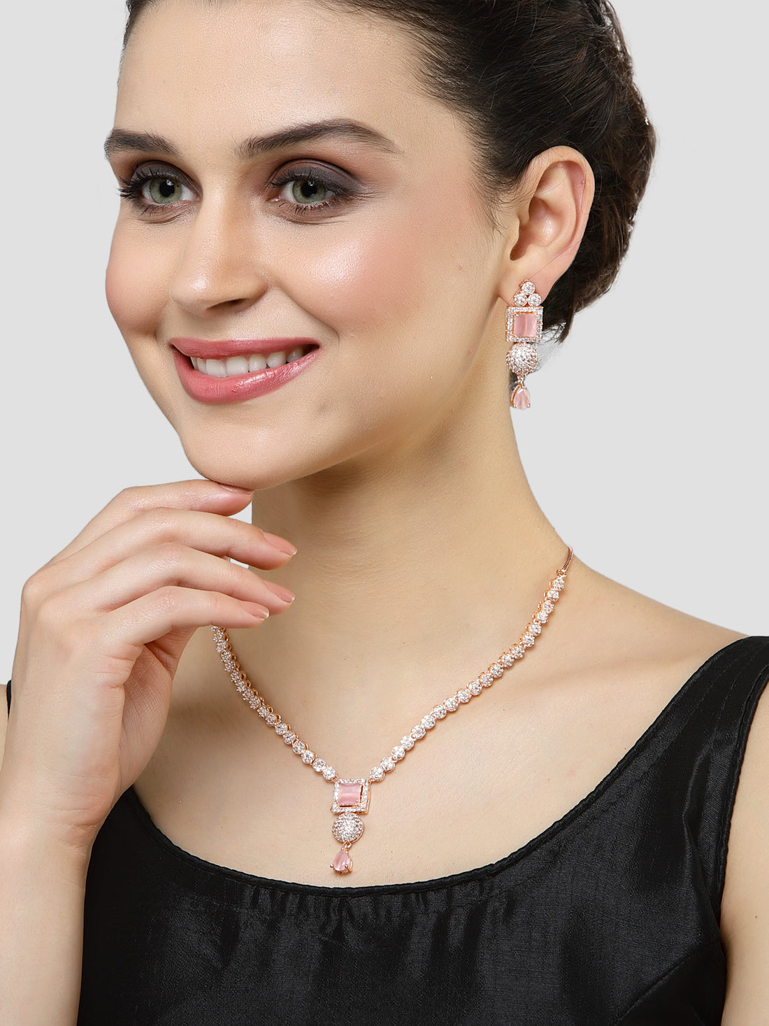 Karatcart Pink American Diamond Studded Rose Gold Plated Necklace Set for Women