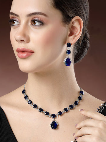 Karatcart Silver Plated Blue Drop Shape Cubic Zirconia Studded Necklace Set for Women