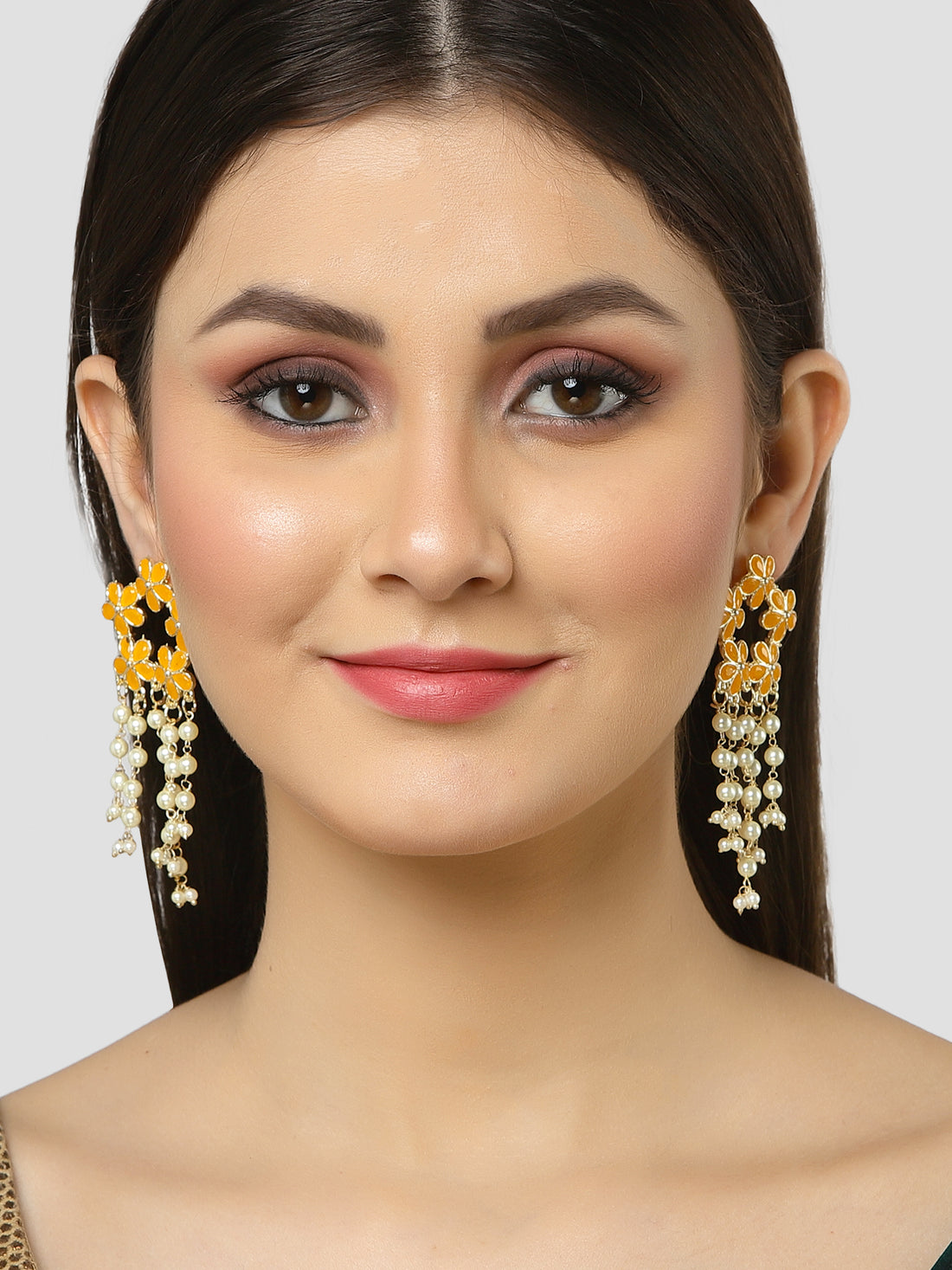 Karatcart Gold Plated Floral Design Yellow Kundan Pearl Tassel Earrings for Women