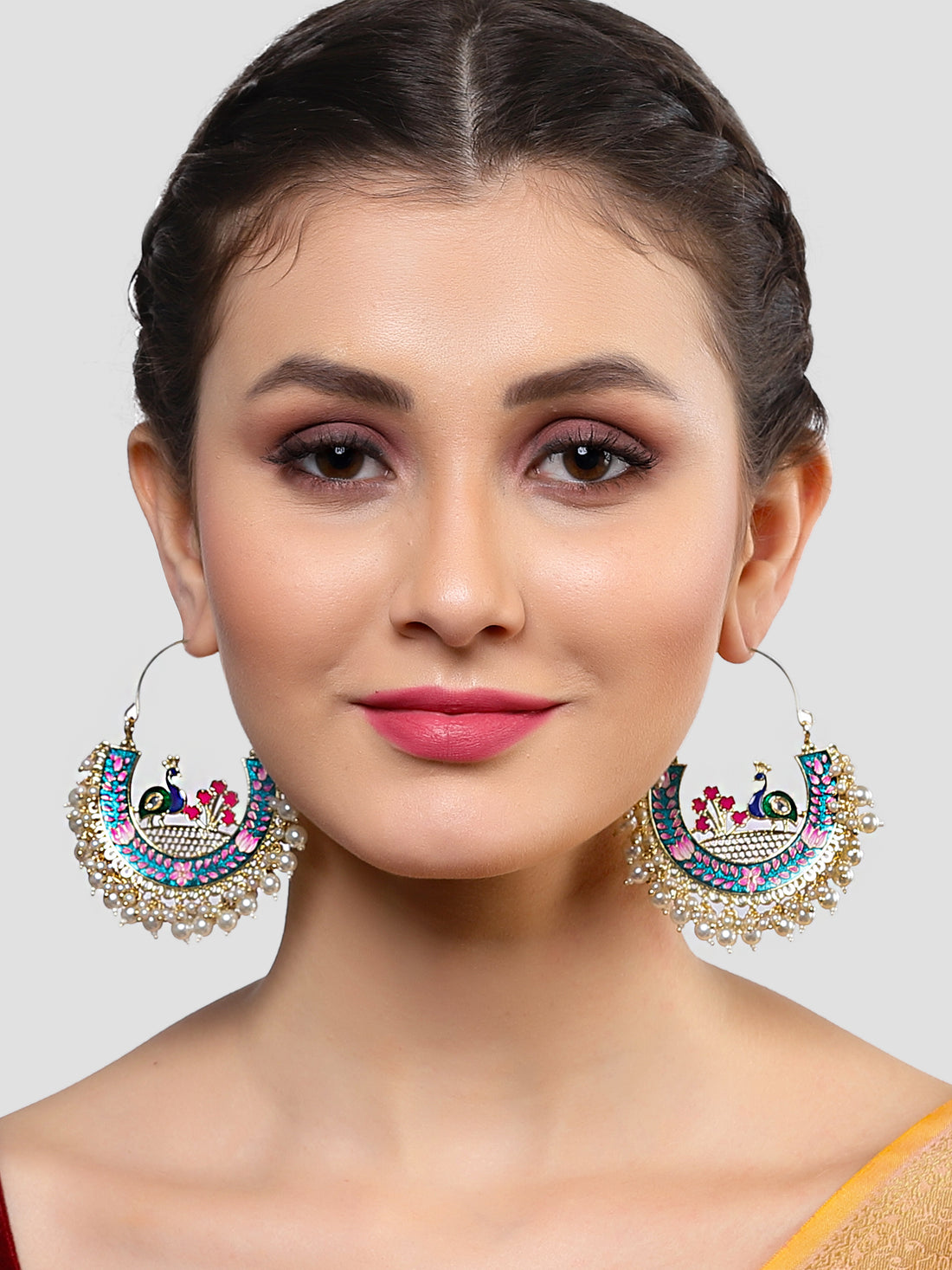 Karatcart Gold Plated Peacock Design Pearl Studded Multicolor Meena Chandbali Earrings for Women