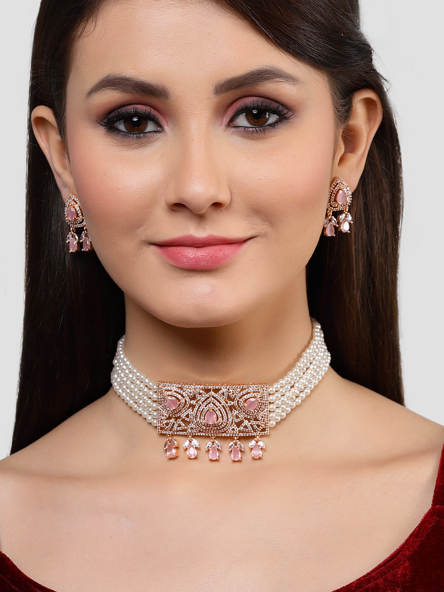 Karatcart Rose Gold Plated Pearl Beaded Cubic Zirconia Choker Necklace Set for Women - Image 1