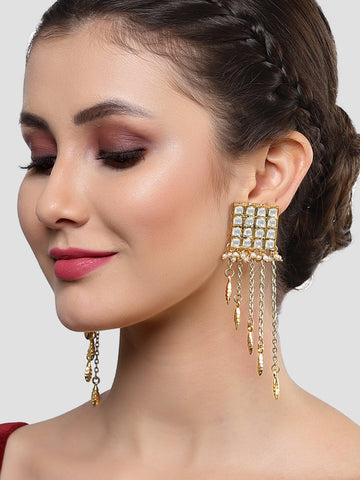 Karatcart Gold Plated Square Shape Pearl Studded Kundan Tassel Earrings for Women