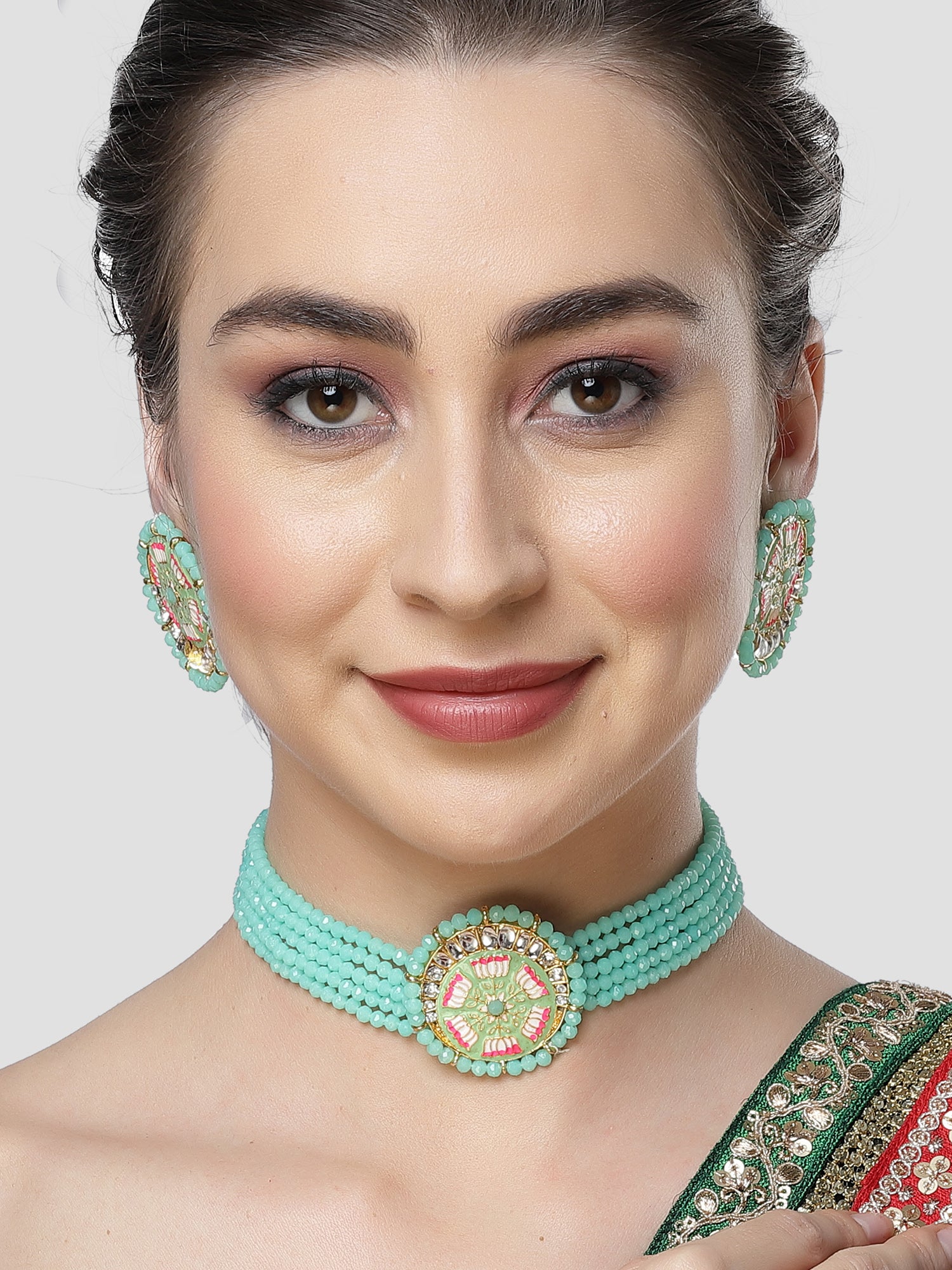Karatcart Light Green Meena Lotus Design Crystal Choker Necklace Set for Women