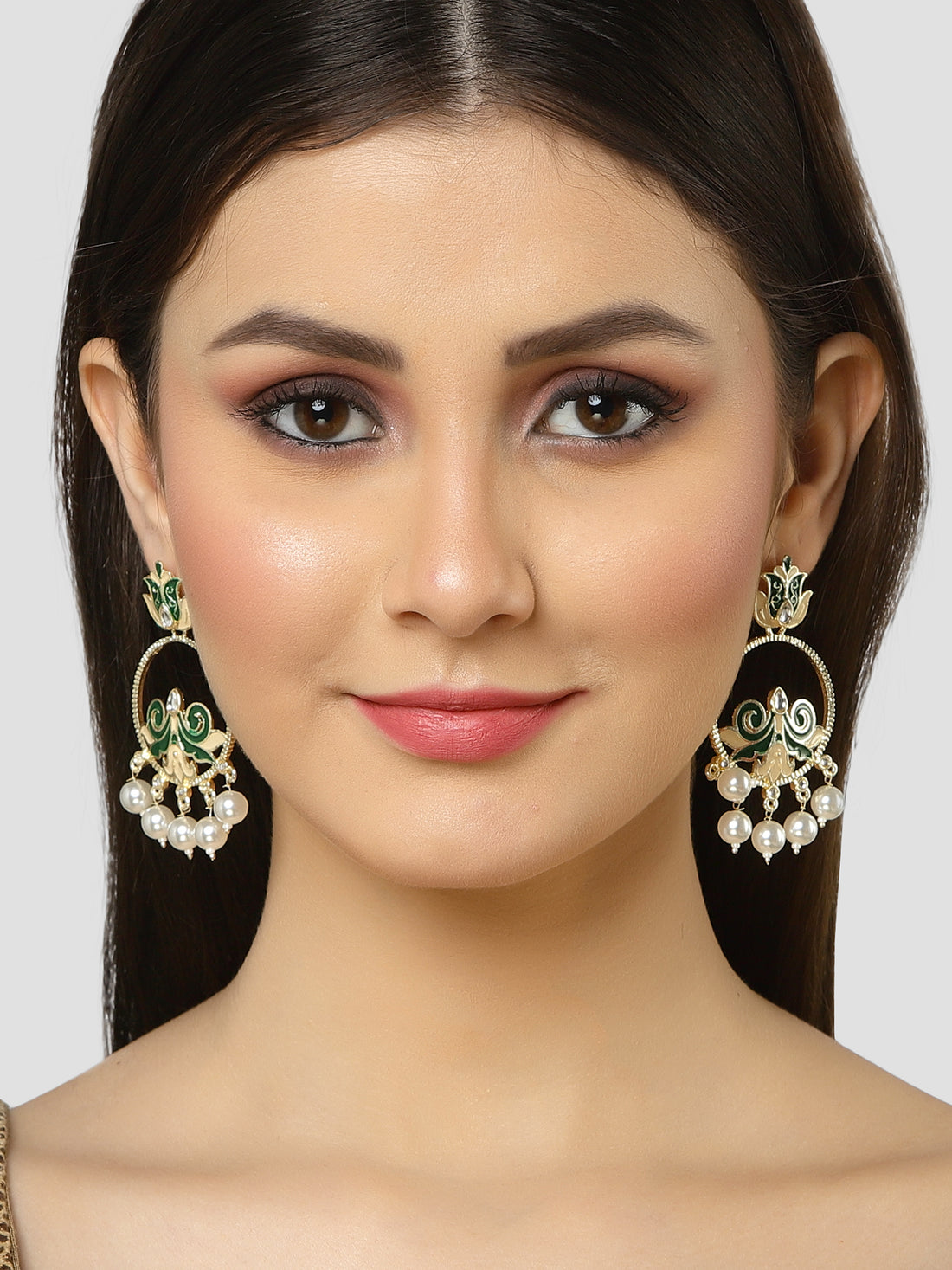 Karatcart Gold Plated Pearl Studded Green Meena Dangler Earrings for Women