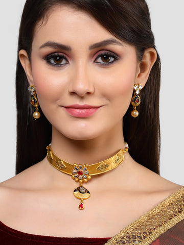 Karatcart Gold Plated Navy Blue Meena Tribal Choker Necklace Set