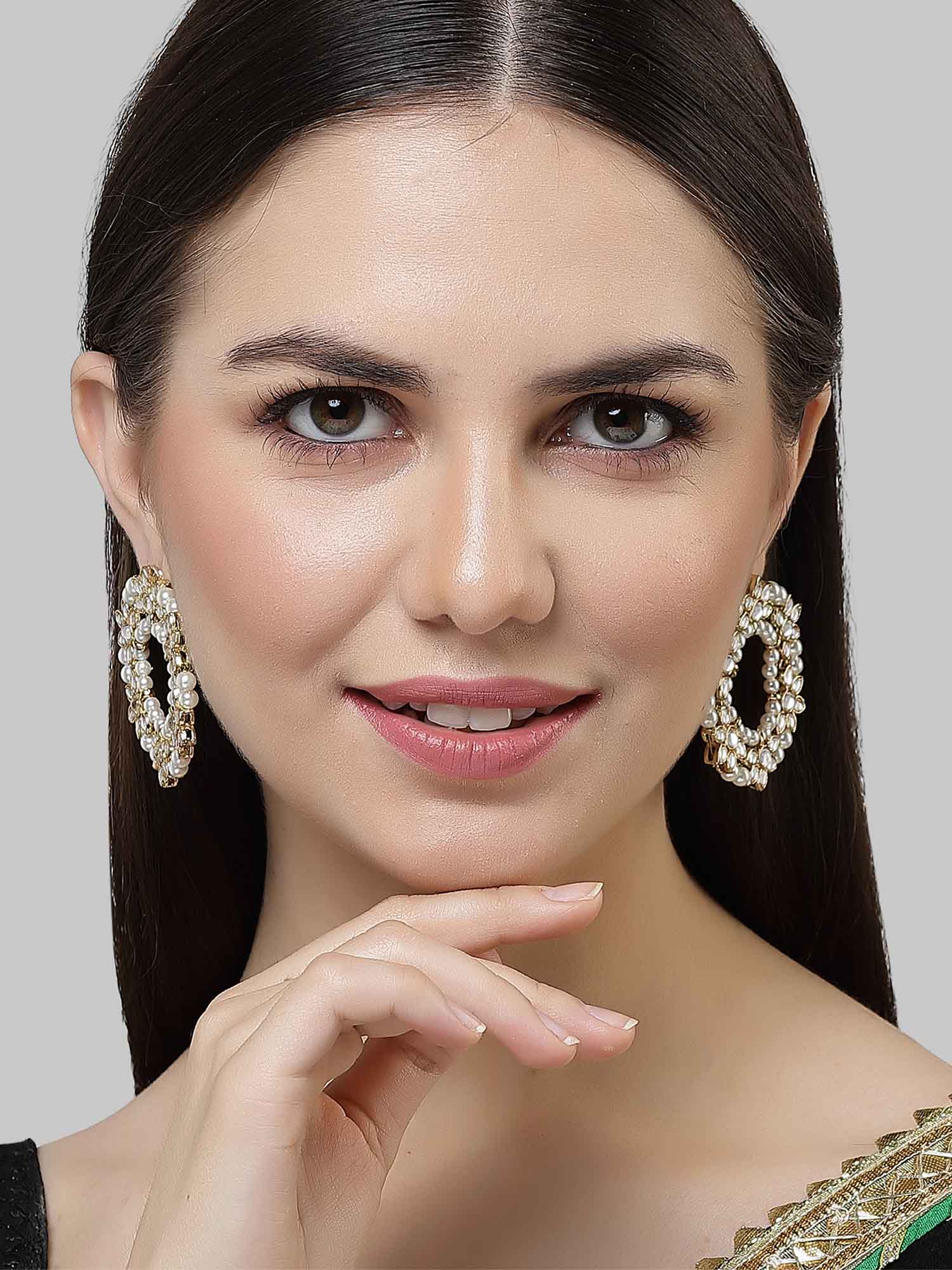 Karatcart Gold Plated Pearl and Floral Kundan Studded Hoop Earring for Women - view 3