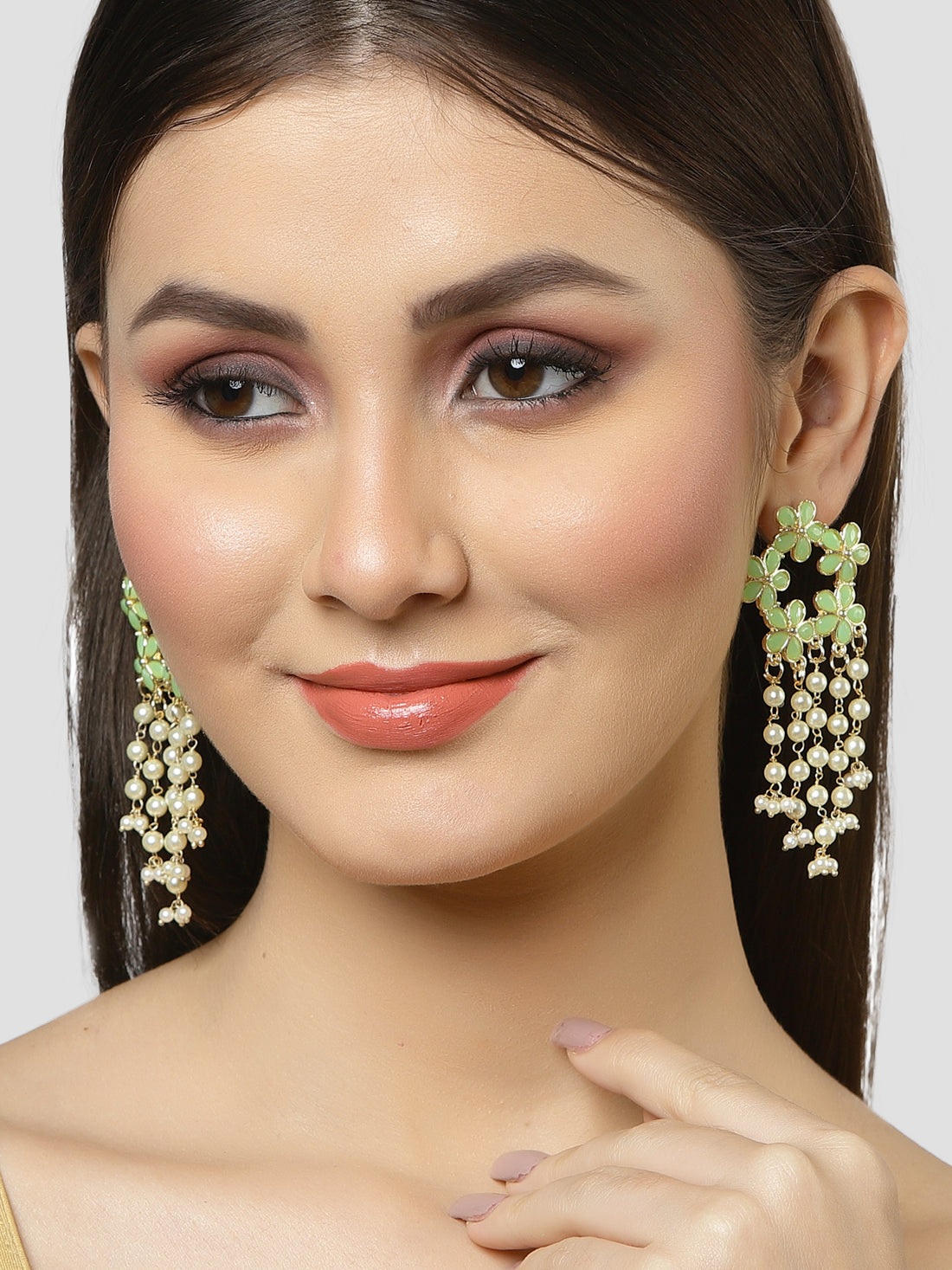 Karatcart Gold Plated Floral Design Light Green Kundan Pearl Tassel Earrings for Women