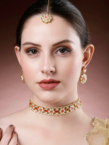 Karatcart Gold Plated Red Stone Kundan Choker Necklace Set for Women