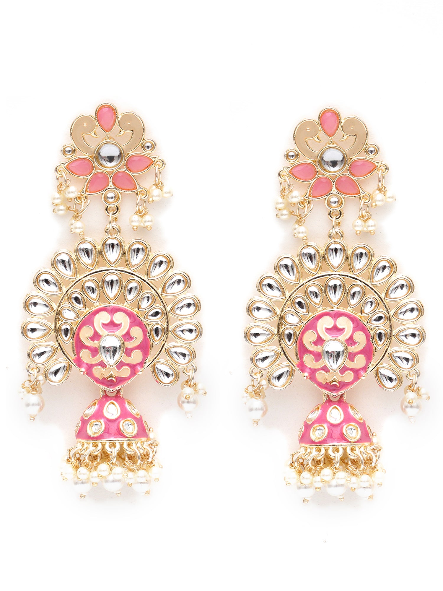 Karatcart Gold Plated Pink Meena Kundan Studded Dangler Jhumki Earrings for Women - view 4