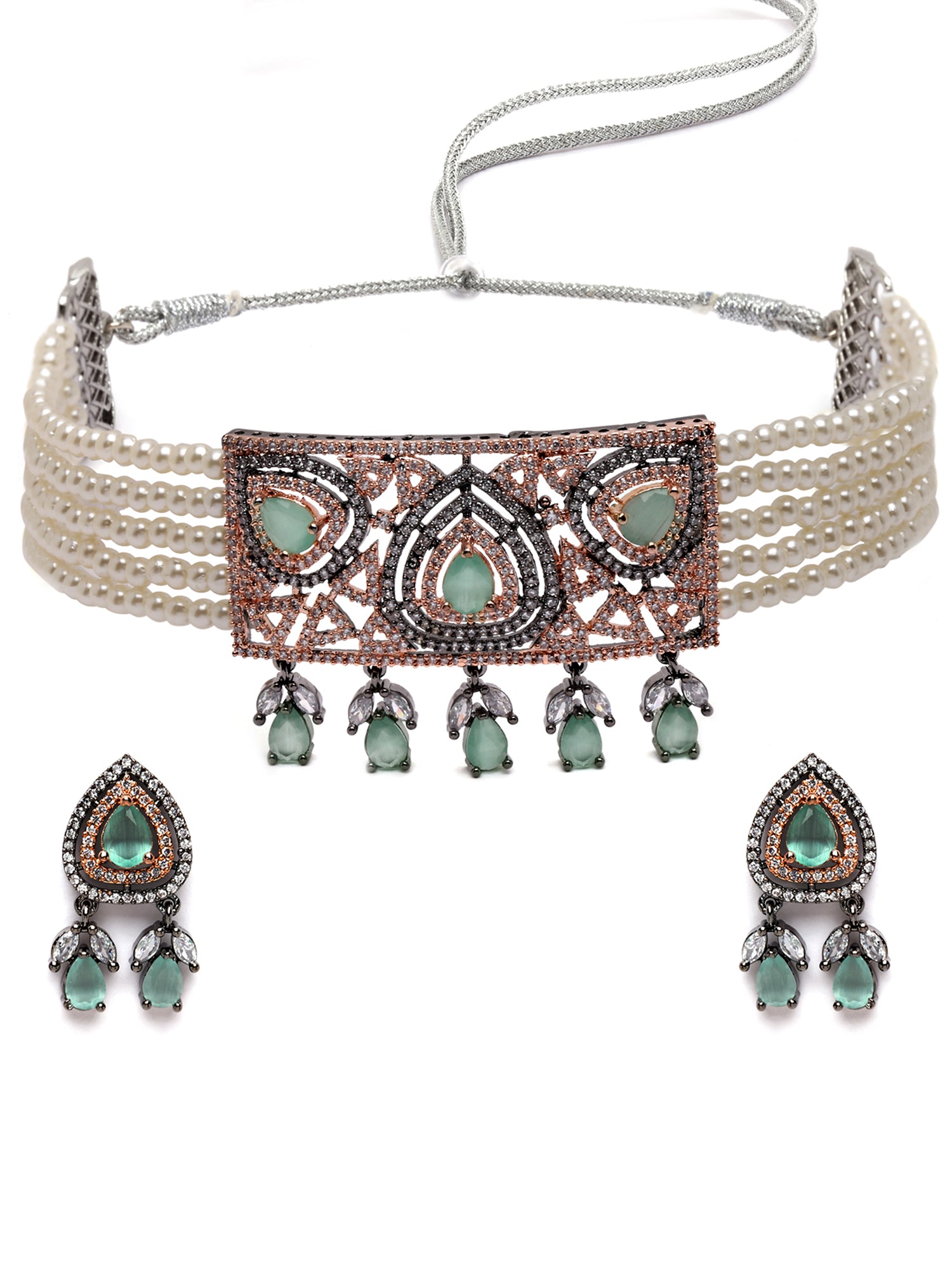 Karatcart Black Rose Gold Plated Pearl Beaded Cubic Zirconia Choker Necklace Set for Women - view 4