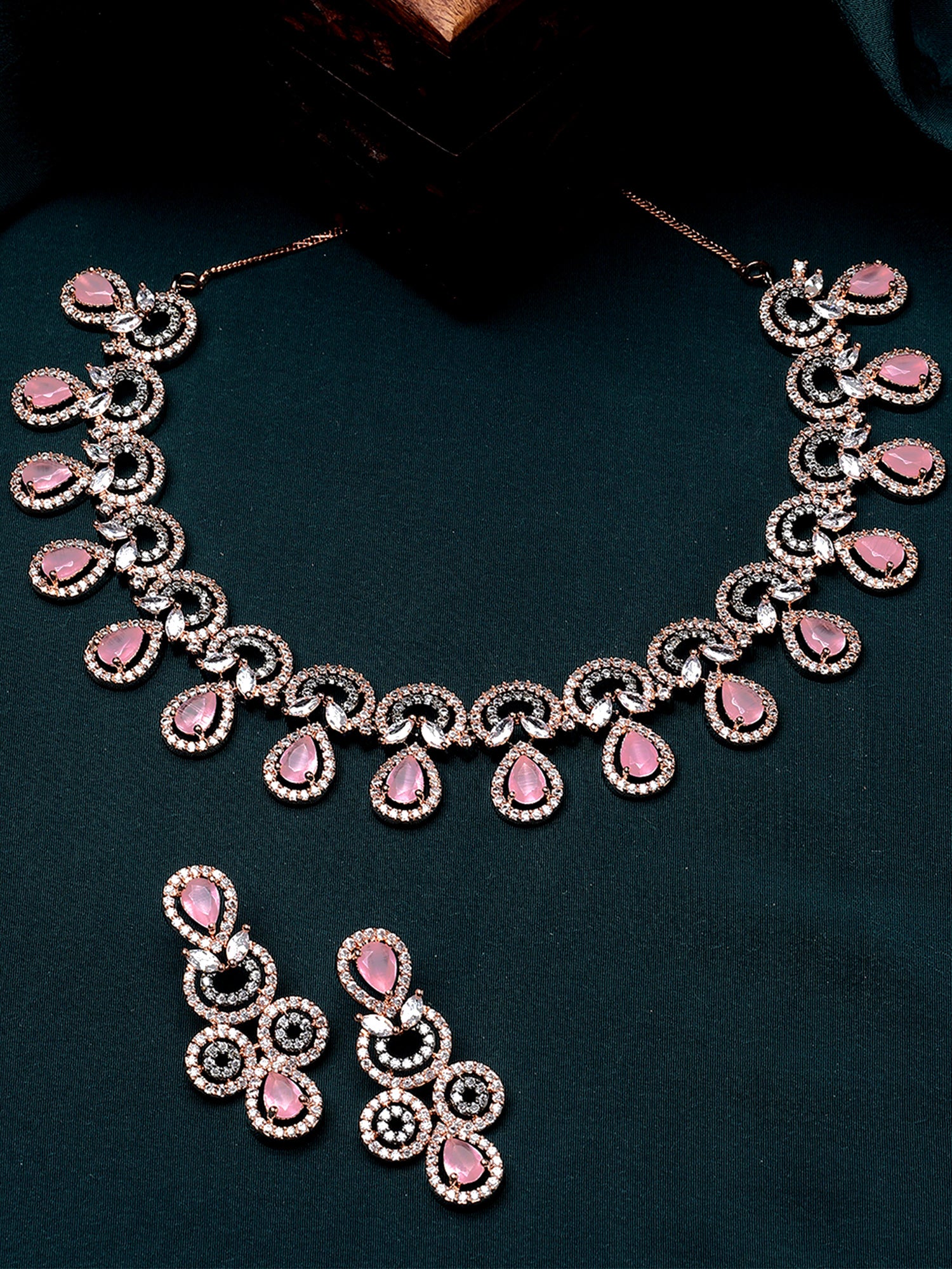 Karatcart Black and Rose Gold Plated Pink Cubic Zirconia Necklace Set for Women - view 3