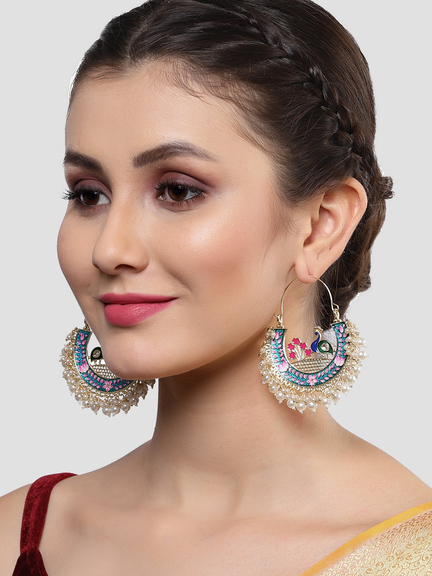 Karatcart Gold Plated Peacock Design Pearl Studded Multicolor Meena Chandbali Earrings for Women