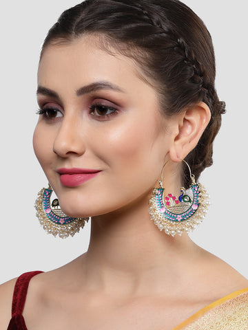 Karatcart Gold Plated Peacock Design Pearl Studded Multicolor Meena Chandbali Earrings for Women