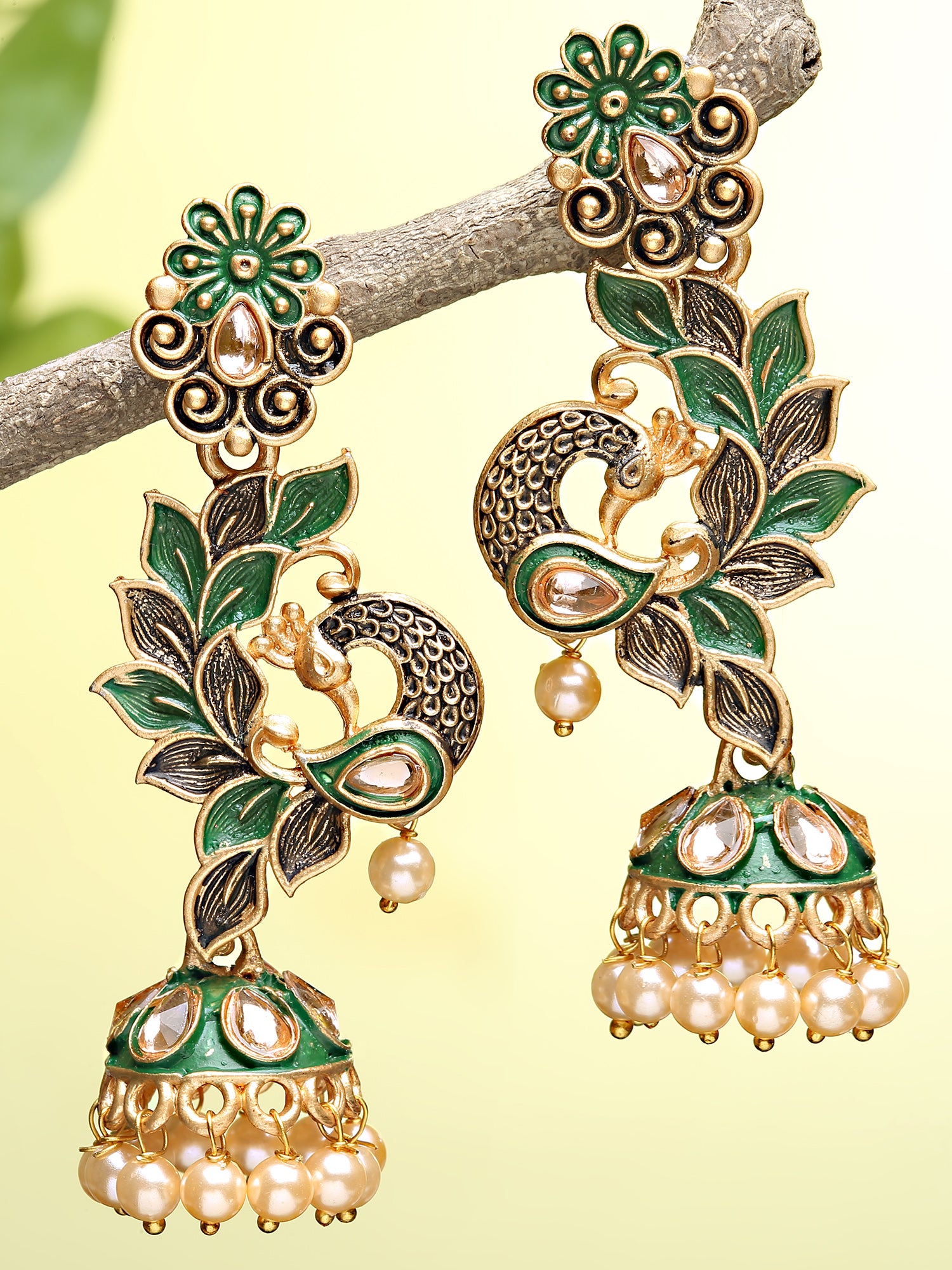 Karatcart Gold Plated Peacock Shape Green Kundan Dangler Jhumki Earrings for Women - view 3