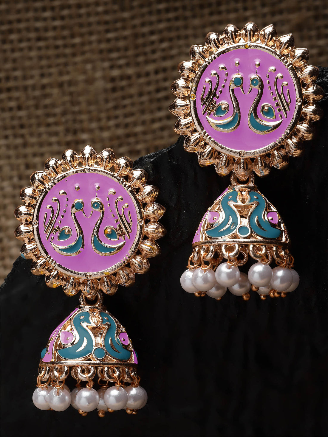 Karatcart Rose Gold Plated Peacock Design Pink and Blue Meena Jhumki Earrings for Women