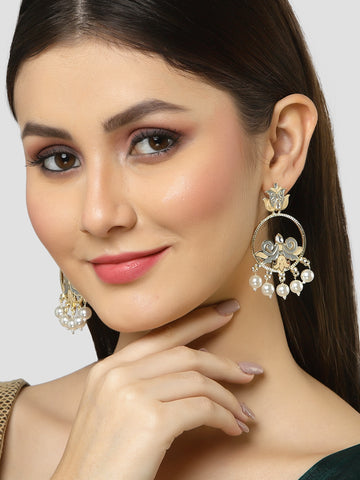 Karatcart Gold Plated Pearl Studded Grey Meena Dangler Earrings for Women