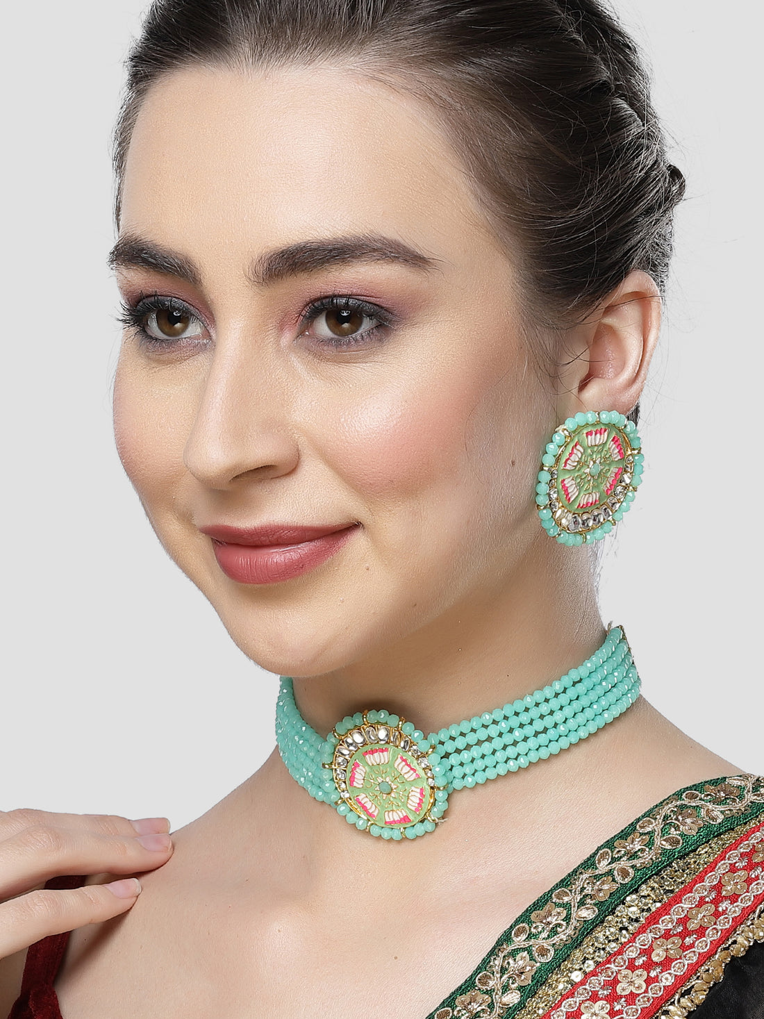 Karatcart Light Green Meena Lotus Design Crystal Choker Necklace Set for Women