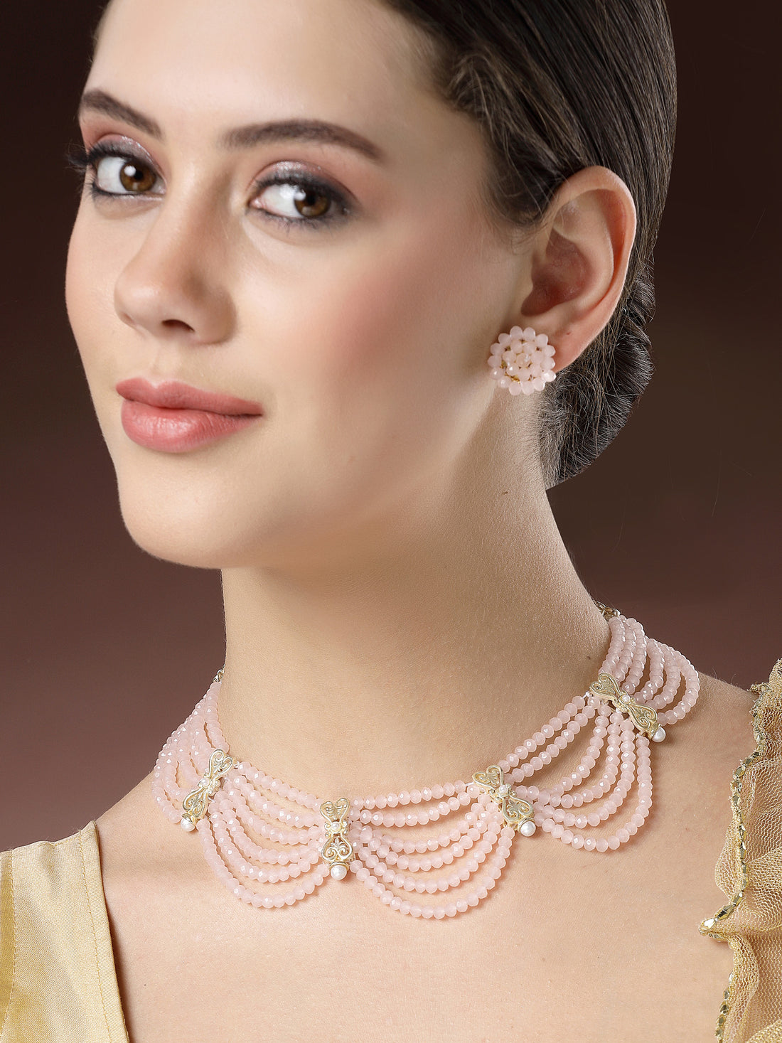 Karatcart Pink Crystal Gold Plated Kundan Necklace Set for Women