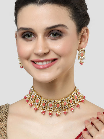 Karatcart Gold Plated Pink Beads and Peach Kundan Studded Necklace Set