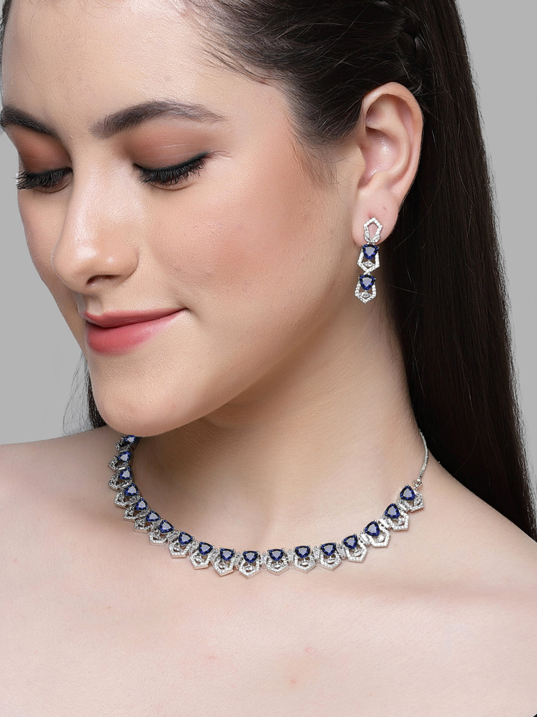 Karatcart Blue Cubic Zirconia Silver Plated Necklace Set for Women