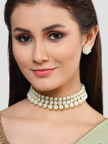 Karatcart Gold Plated White Pearl Beaded Kundan Choker Necklace Set for Women