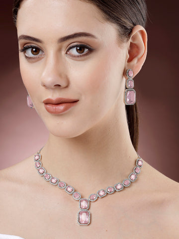 Karatcart Silver Tone Pink Cubic Zirconia Studded Necklace Set for Women