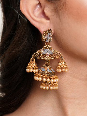 Karatcart Gold Plated Grey Meena Double Jhumki Earrings for Women