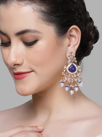 Karatcart Rose Gold Plated Blue Carved Stone Kundan Drop Earrings for Women