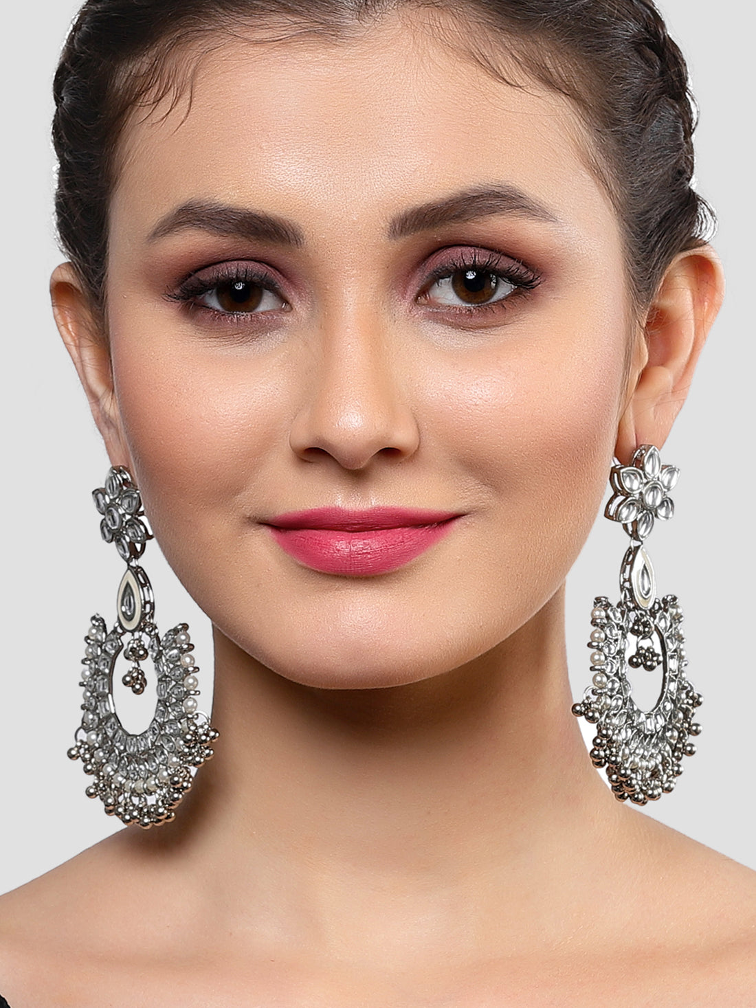 Karatcart Oxidised Silver Silver Ball and Pearl Studded Kundan Chandbali Earrings for Women