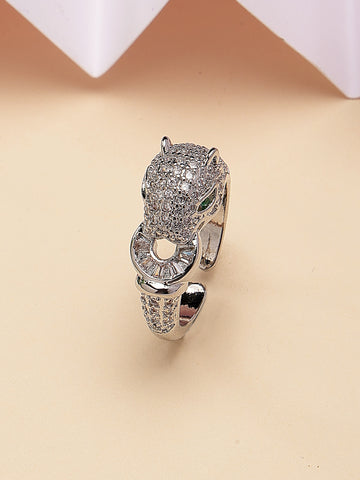 Bohey by KARATCART Silver Tone Cubic Zirconia Studded Jaguar Design Women's Finger Ring