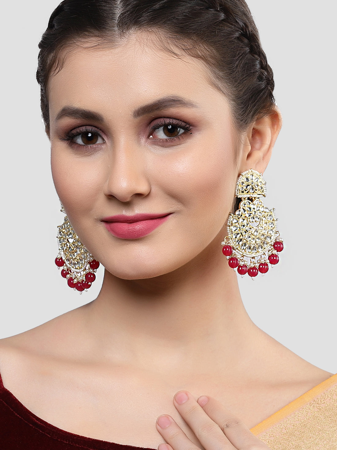 Karatcart Gold Plated Red Beads and Kundan Studded Dangler Earrings for Women