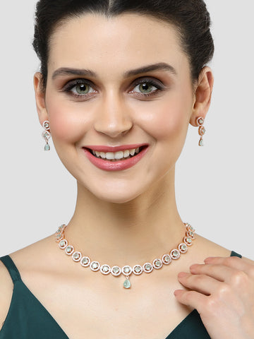 Karatcart Rose Gold Plated Light Green Cubic Zirconia Studded Necklace Set