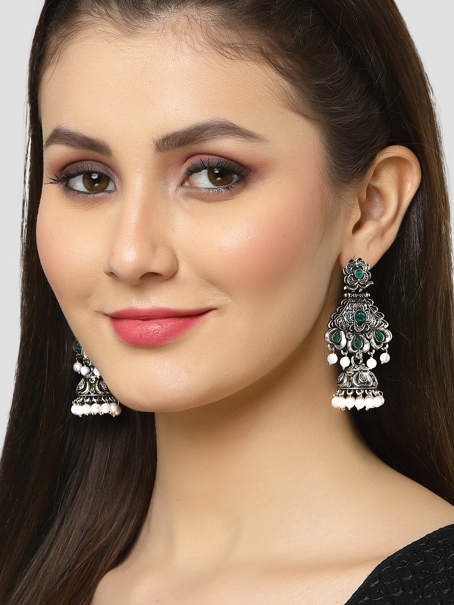Karatcart Oxidised Silver Green Stone Studded Dangler Jhumki Earrings for Women - view 2