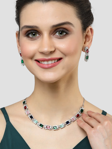 Karatcart Silver Tone Multicolor Cubic Zirconia Studded Necklace Set