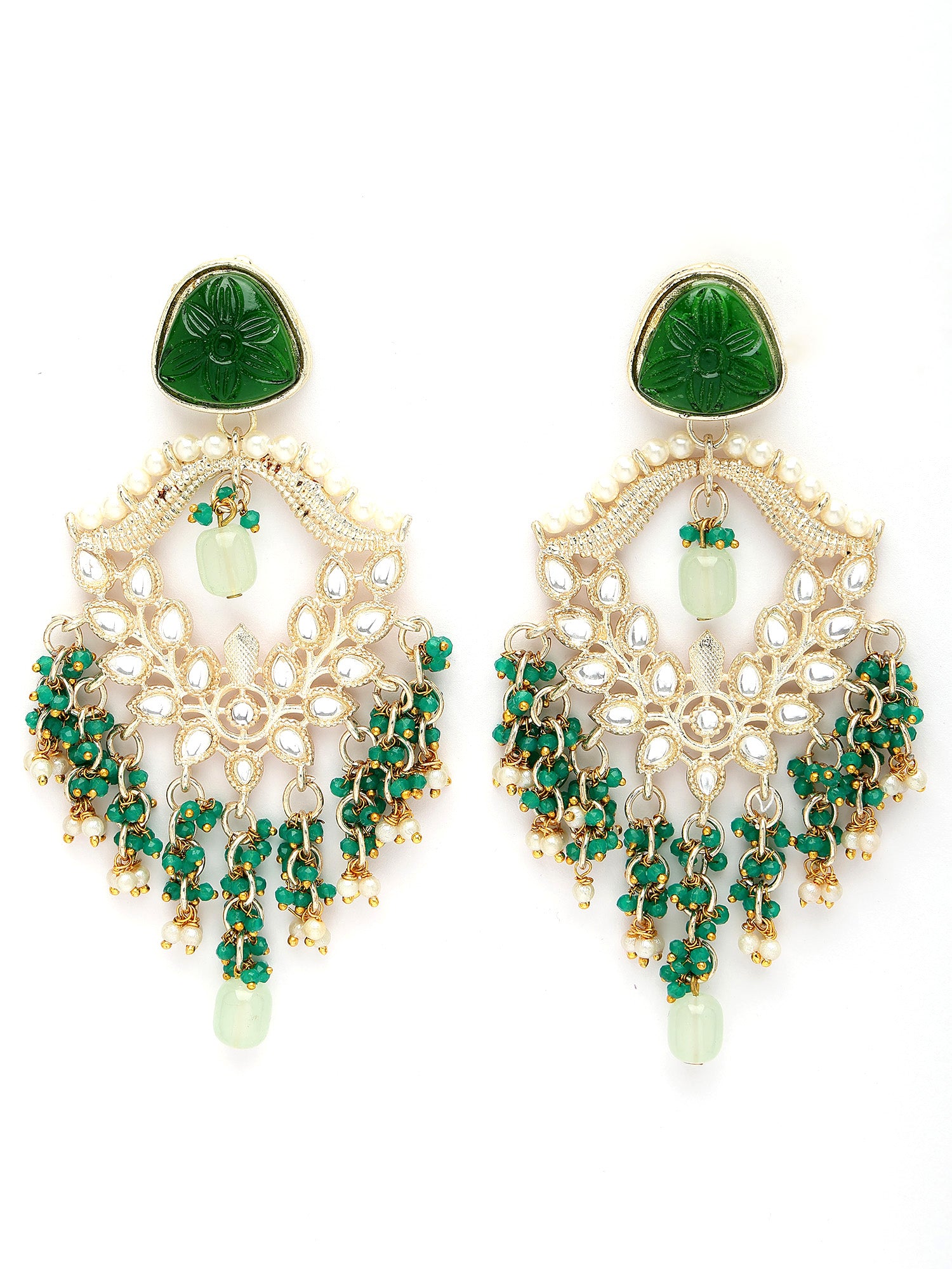 Karatcart Gold Plated Green Carved Stone and Crystal Dangler Earrings for Women - view 4