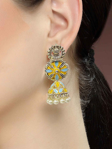 Karatcart Gold Plated Floral Design Yellow and Light Blue Meena Jhumki Earrings for Women