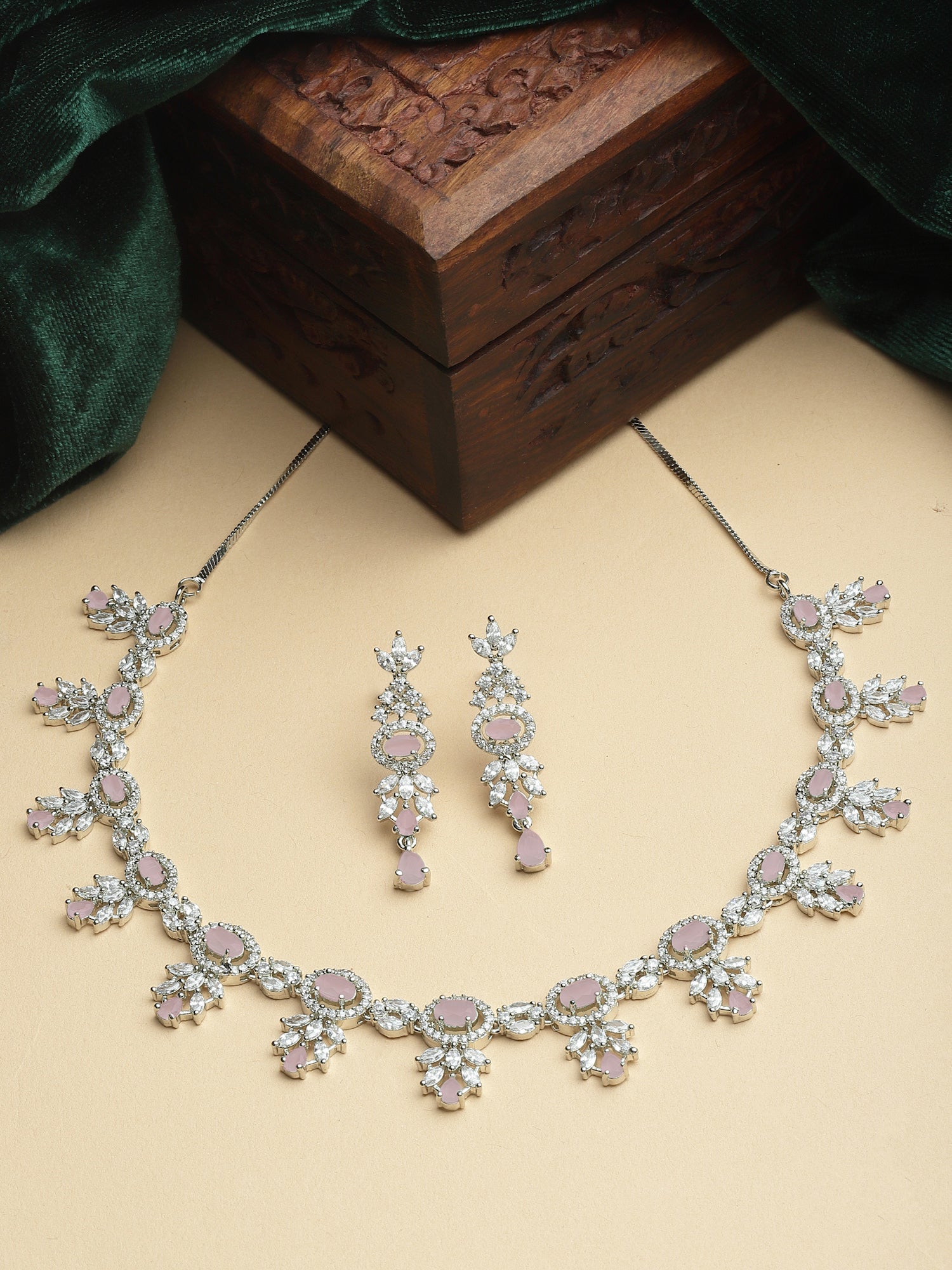 Karatcart Silver Plated Pink CZ Studded Necklace with Earrings - view 3