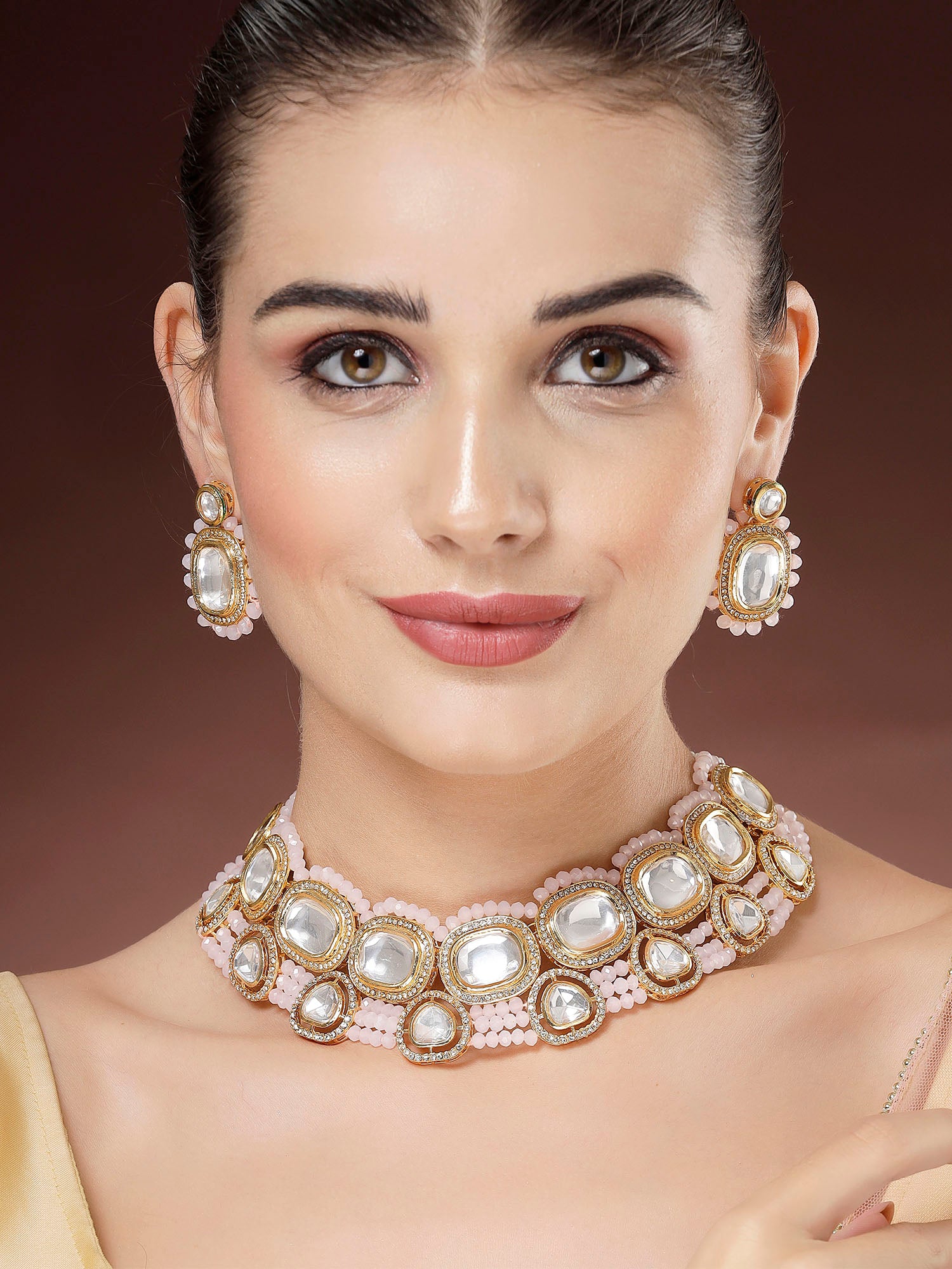 Karatcart Baby Pink Crystal Polki Kundan Necklace Set for Women