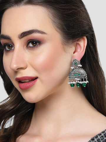 Karatcart Oxidised Silver Green Beads Peacock Design Dangler Earrings for Women