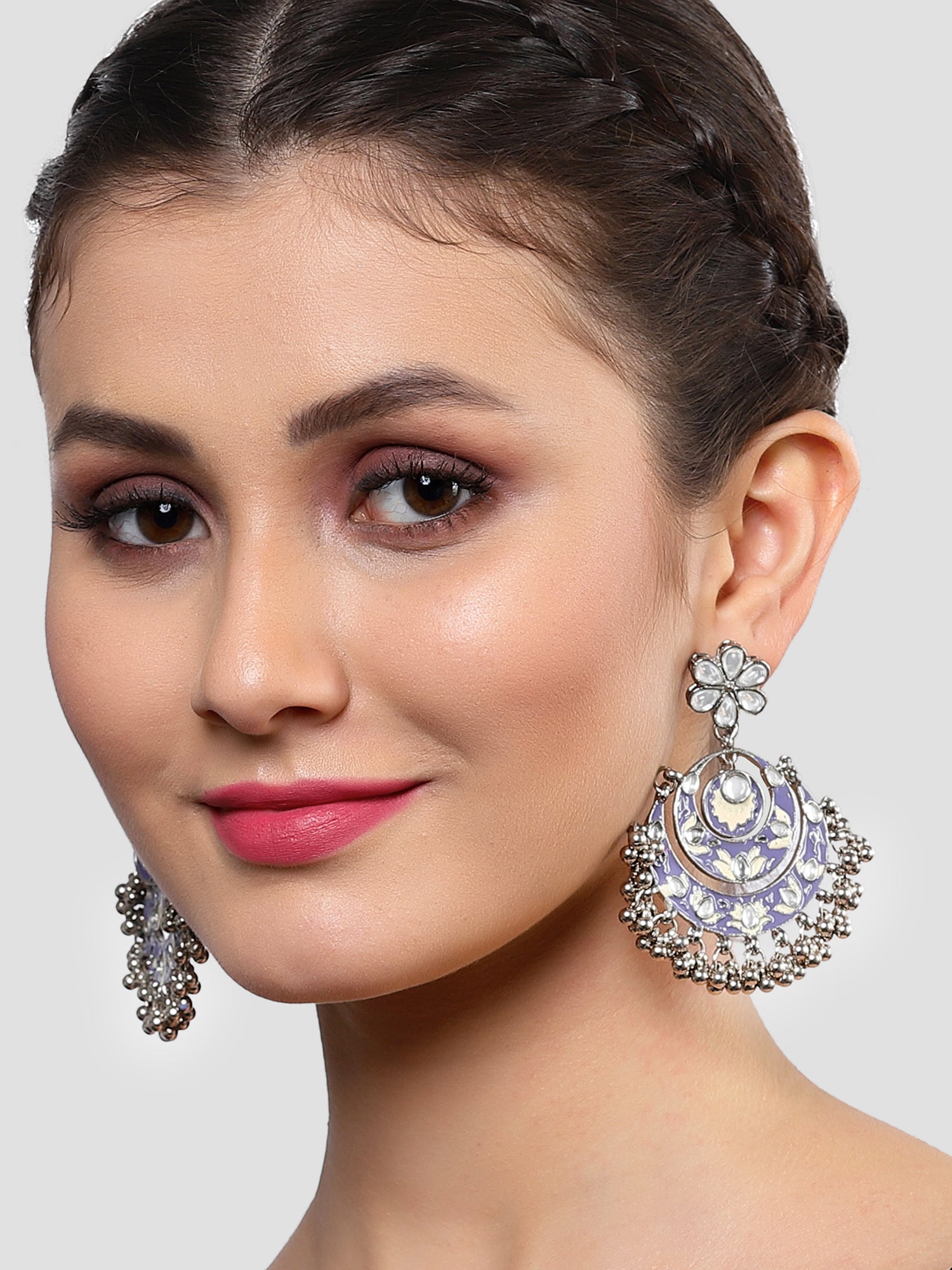 Karatcart Oxidised Silver Violet Meena Silver Ball Studded Kundan Chandbali Earrings for Women - Image 1