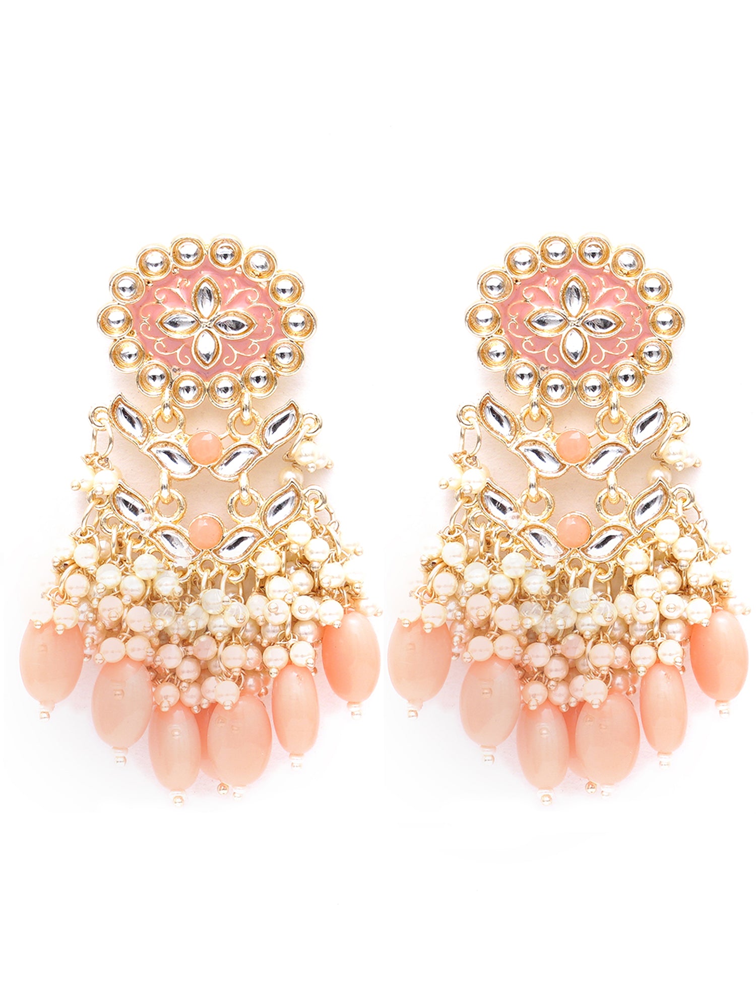 Karatcart Gold Plated Kundan Studded Peach Meena and Tumble Dangler Earrings for Women - view 4