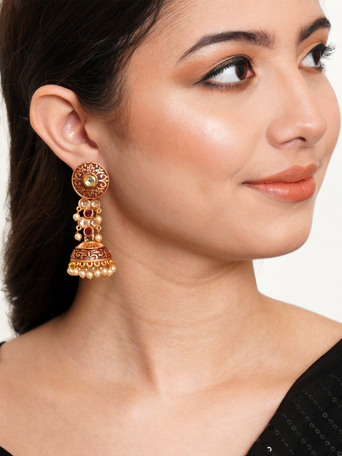 Karatcart Gold Plated Maroon Meena and Pearl Studded Jhumki Earrings for Women