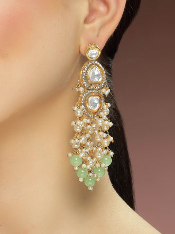 Karatcart Gold Plated Polki Kundan Light Green Beads Drop Earrings for Women