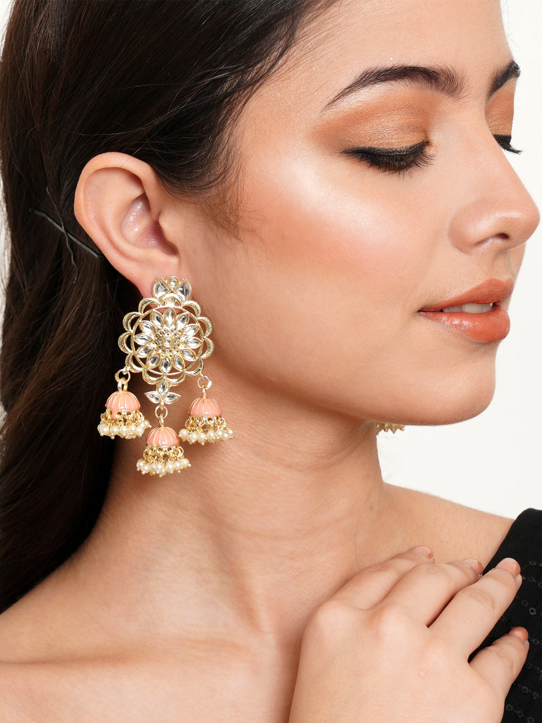 Karatcart Gold Plated Kundan Studded Peach Meena Triple Jhumki Earrings for Women