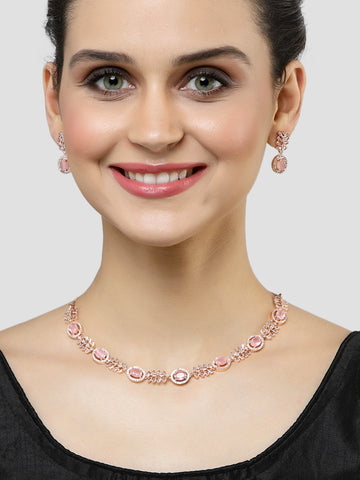 Karatcart Rose Gold Plated Floral Design Pink Cubic Zirconia Studded Necklace Set