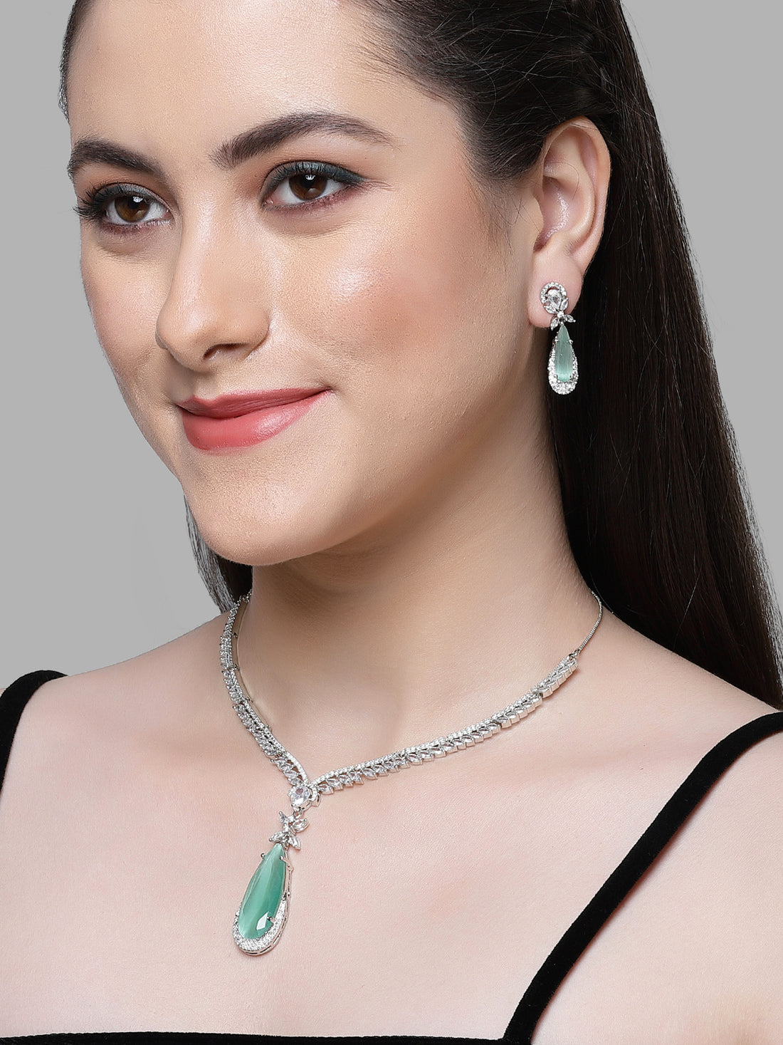 Karatcart Silver Tone Light Green Drop Shape Cubic Zirconia Studded Jewellery Set for Women