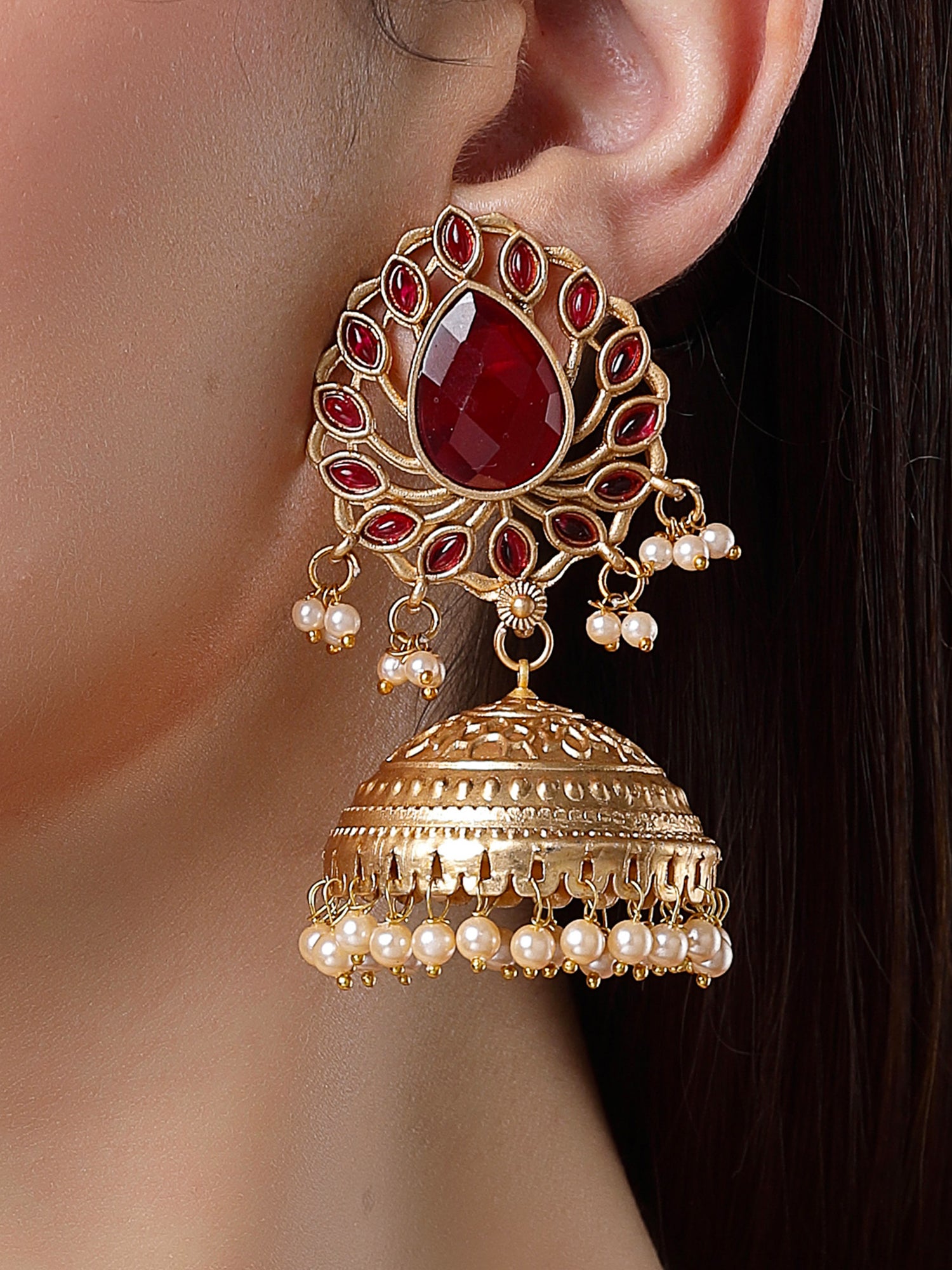 Karatcart Gold Plated Drop Shape Red Stone Studded Jhumki Earrings for Women