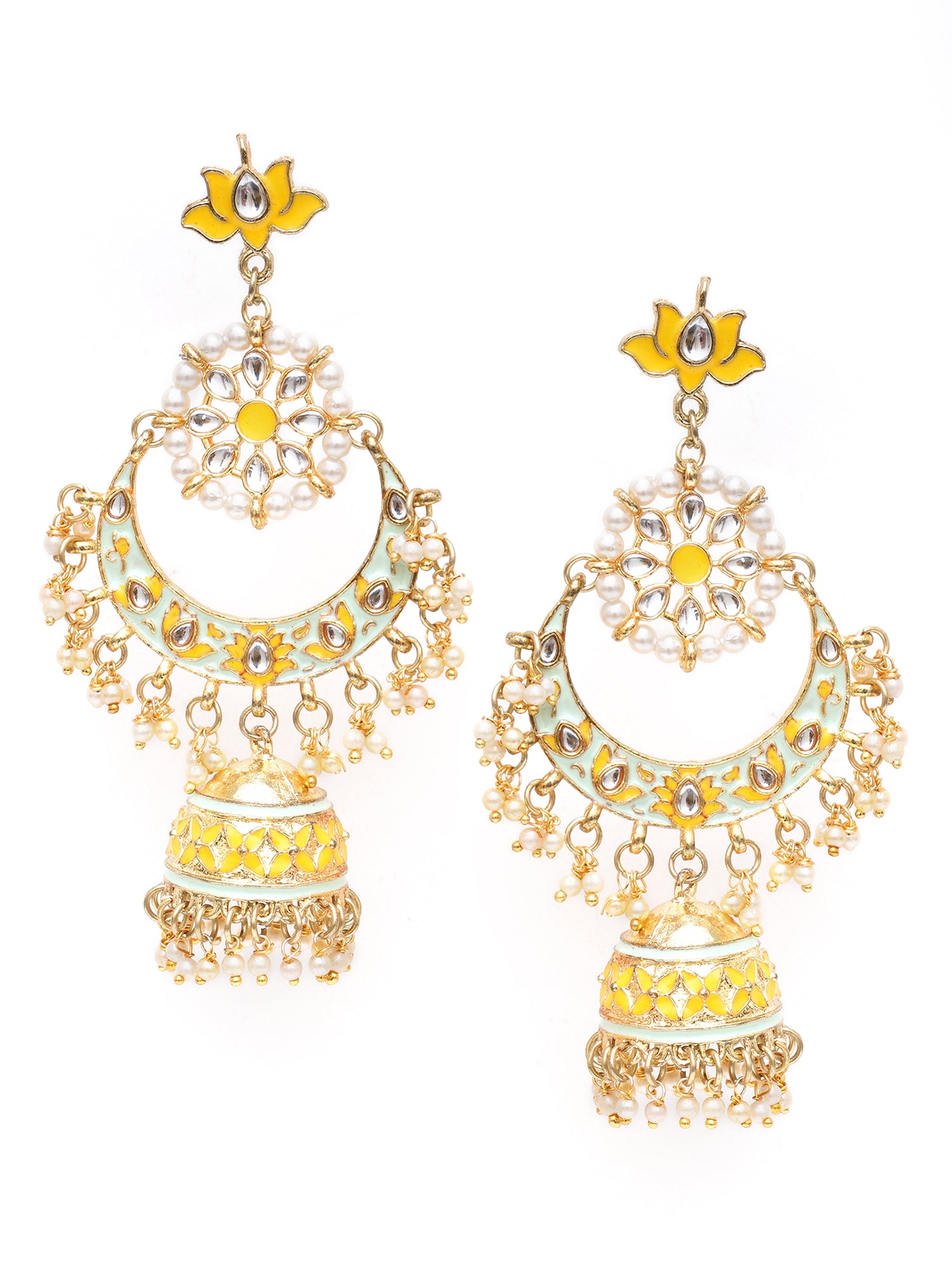 Karatcart Gold Plated Floral Yellow Meena Kundan Jhumki Earrings for Women - view 3