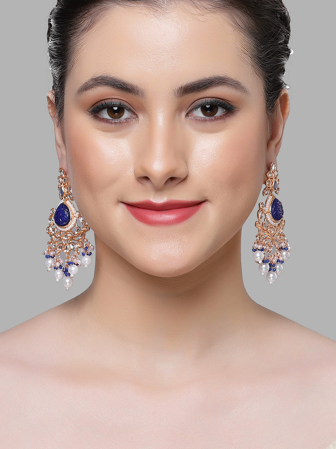 Karatcart Rose Gold Plated Blue Carved Stone Kundan Drop Earrings for Women